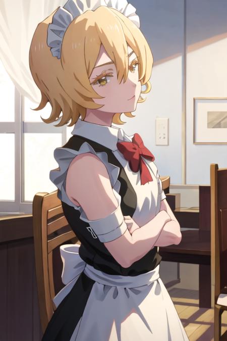 best quality, masterpiece, highres, solo, {maid:1.40}, {long maid dress:1.15}, {tsuyuno_yatsumura_mahoushoujosite:1.15}, blonde_hair, short_hair, yellow_eyes, serafuku, hair_between_eyes