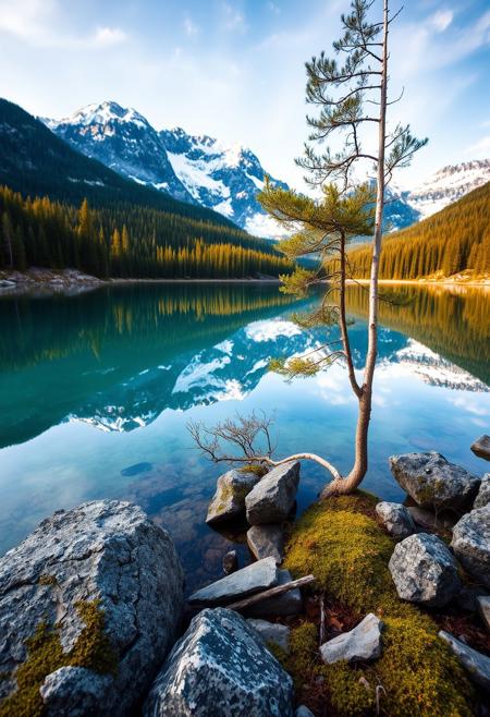 A majestic and tranquil Nordic landscape unfolds, showcasing a crystal-clear mountain lake surrounded by dense evergreen forests and towering, snow-capped peaks. The water reflects the scene with mirror-like precision, capturing the vivid greens of the trees and the icy blues of the sky. The foreground features meticulously detailed rocks and moss, while a single birch tree leans toward the lake, its delicate branches swaying in the breeze. The lighting is soft and natural, emphasizing the pristine beauty and serenity of the untouched wilderness, where every element is rendered with exquisite detail and an almost reverent appreciation for the majesty of nature.