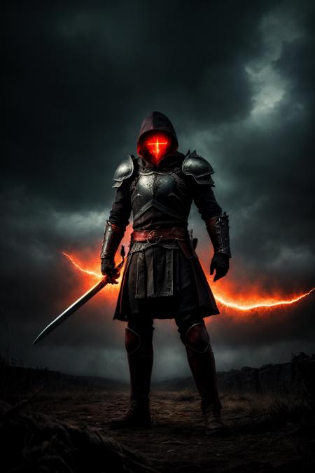 (dark mood masterpiece Photography by Mario Giacomelli:1.2),high quality, 8K Ultra HD, Ultra-high quality photos, (Extremely detailed), High quality photos, RAW photo, (photorealistic:1.4), 
Blood Death Knight, dark blood-red armor with glowing runes, massive two-handed sword emitting dark energy, standing amidst a fierce battle, fallen enemies on the ground, spectral hands rising, stormy sky with red lightning. (detailed, dramatic lighting, ultra-realistic),
 <lora:add_detail:1>,