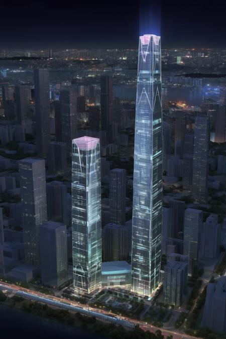 skyscraper,super high rise building,rendering,600 meters,glass curtain wall,night view of cityscape,glowing neon lights,<lora:SLskyscraperrenderingXL_V1.0:1>,incredibly absurdres,wallpaper,