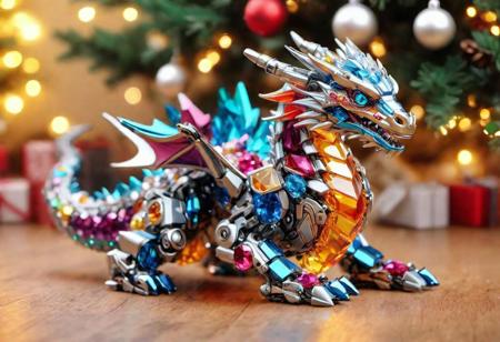 (TransformersStyle plastic toy dragon robot), break, pile of colorful crystal gems, under a Christmas tree, highly detailed clean, beautiful detailed intricate, 8K, DonMSn0wM4g1c