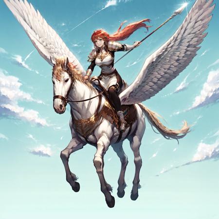 pegasus knight, horse, horseback riding, pegasus, shoulder armor, breastplate, pegasus knight uniform \(fire emblem\), holding polearm