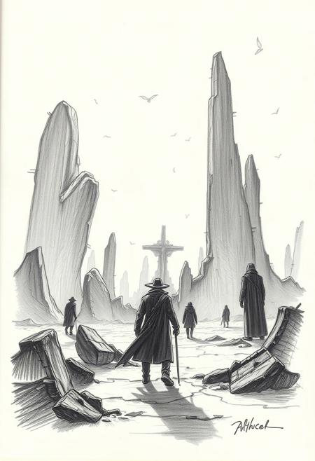 A hand-drawn sketch portrays a noir-style detective scene with an ethereal, spiritual vibe. Gentle soft light creates diffused shadows and a subtle illumination. The surreal, dark fantasy landscape features monumental figures in a dreamlike apocalyptic setting with rough lines and textured pencil strokes on a white background.