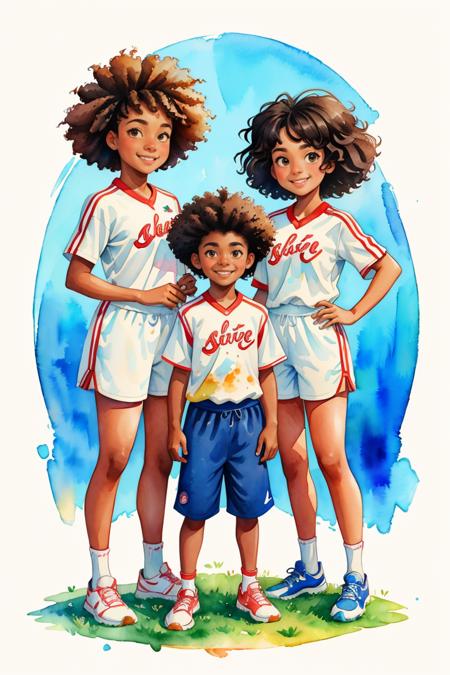 masterpiece,best quality,high quality,1man,2girls,( family portrait),afro hair,smiling,sports outfit,centered frame,((watercolor)) painting,<lora:GoodHands-vanilla:1>,