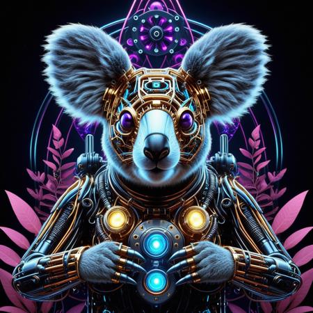 neonpunk style  <lora:Qu4ntumPunk_04XL:1> qu4ntum, style, a surreal rendition of a mechanical koala, cyborg koala with cybernetic implants, cybernetic eyes, cybernetic limbs,  on a mechanical eucalyptus tree space station mothership floating in outer space with radiant and vibrant colors ranging from purple to blue,  geometrical fractalized lighting patterns, fractals composition of Divine ascendency, holy sanctity of Koalas Divinehood fur, expressing joy and laugher,  complex reflections, mathematical iterations in a holographic matrix, bent o space,disruption of the space continum, doctor brown's accelation theory in execution, diddy didn't like it,  cinematic lighting, soft shadow, cosmic waves, spectral atmosphere . cyberpunk, vaporwave, neon, vibes, vibrant, stunningly beautiful, crisp, detailed, sleek, ultramodern, magenta highlights, dark purple shadows, high contrast, cinematic, ultra detailed, intricate, professional
