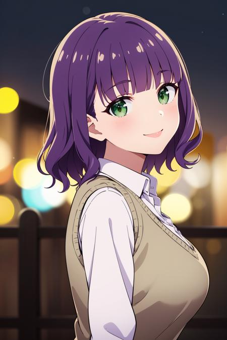 (masterpiece), best quality, expressive eyes, perfect face, solo,
short hair, wavy hair, purple hair, blunt bangs, green eyes, large breasts, white shirt, collared shirt, sweater vest, head tilt, smile,
outdoors, cityscape, night, bokeh, blurry background, portrait, from side, looking at viewer,