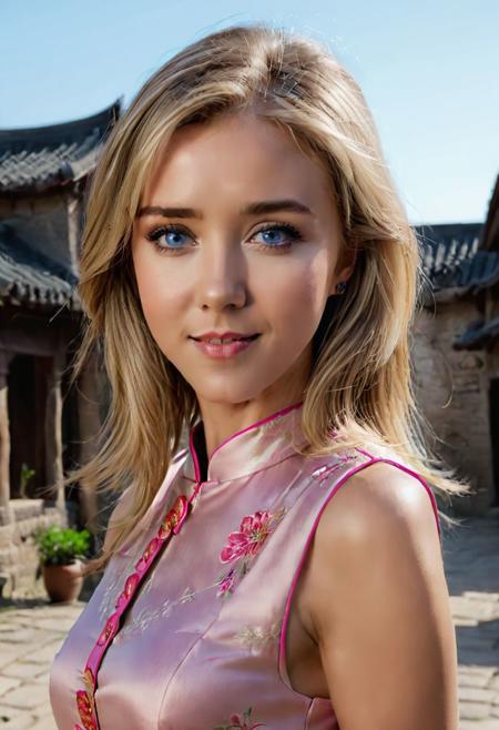 Cute beautiful girl, standing in an old village,  wearing pink cheongsam, luxurious blonde hair, flowe hair ornament, light makeup, (detailed face, perfect face, perfect eyes, realistic eyes, expressive eyes), looking at viewer, outdoors, (masterpiece), ((ultra-detailed)), (highly detailed), (expressionless), (best quality:1.2), (1girl:1.2), High quality texture, intricate details, detailed texture, High quality shadow, depth of field, perspective, perfect body, distinct_image, (lustrous skin), solo focus