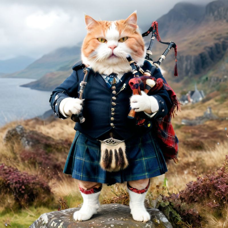A cat dressed in a kilt and holding a bagpipe.