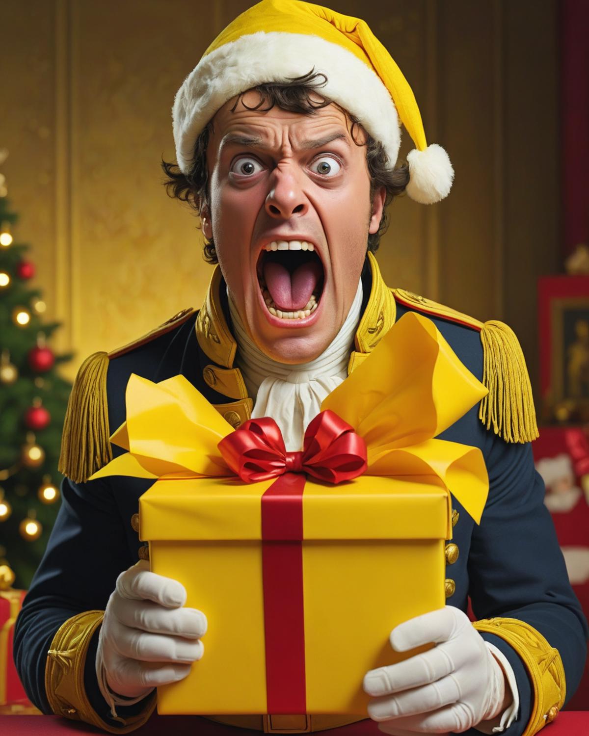 A man in a costume with a yellow bow tie holding a yellow gift box with a red bow.