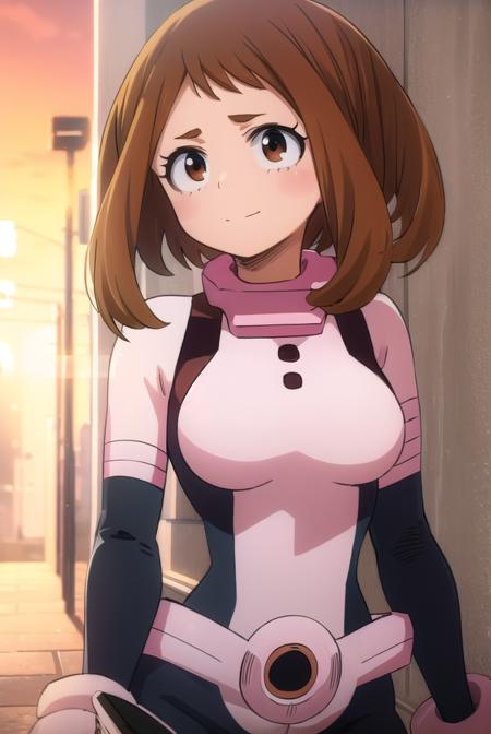 ochako uraraka, (uraraka ochako:1.2), (brown eyes:1.5), brown hair, short hair, blush, blush stickers, (bodysuit:1.5), skin tight, superhero, bare shoulders, pants, black shirt, tank top, blue pants, black tank top, track pants, skirt, shirt, school uniform, white shirt, short sleeves, pleated skirt, necktie, collared shirt, red necktie, u.a. school uniform,