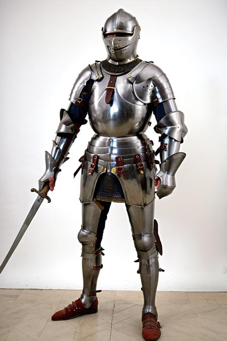 High-resolution Photorealistic Image of simple white background, photo, realistic, full body, bracing stance, knees bent, <lora:m1llan3s3fpaXL-000021:0.8> wearing m1llan3s3fpa full_plate_armor, closed_helm, gorget, holding sword two-handed, pommel-grip, ,sabaton, metal shoes, sword pointed at viewer, bokeh, LDSR, Depth of Field, OverallDetail
