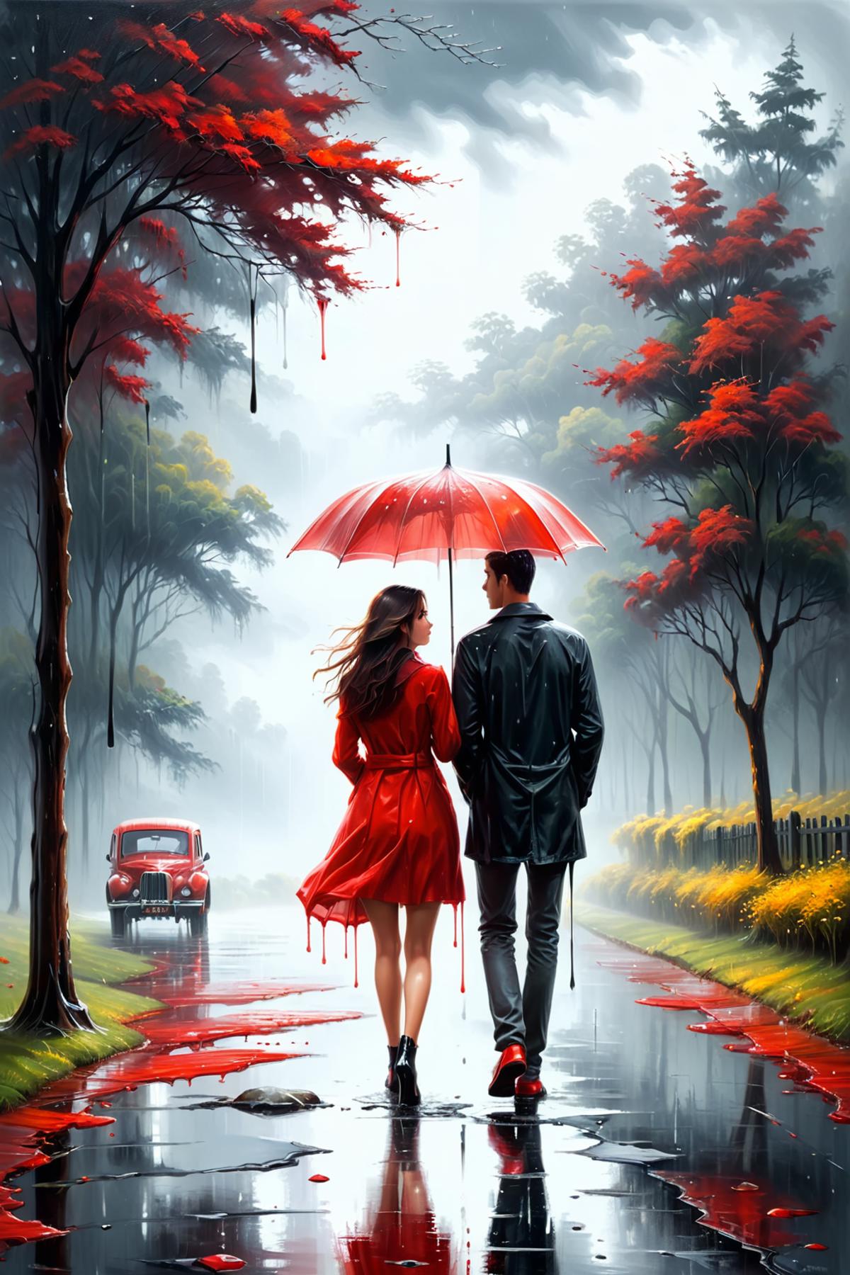A Painting of a Man and Woman Walking Down a Rainy Path Holding an Umbrella