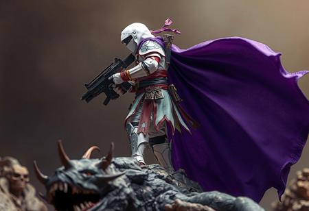An intricately detailed Earth Armor Ninja model stands atop a fearful earthbound creature, with a dynamic purple cape flowing behind it. The ninja, primarily white with red, blue, and gold accents, holds a large gun and shield, ready for action. The ninja's head is turned, surveying the surroundings, as a stark contrast to the earthbound. A glimpse of another Earth Armor Ninja is visible in the top left corner, suggesting . The artwork is expertly crafted with 4K exceptional quality, lifelike details, harmonious colors, dynamic action pose, captivating lighting, and intricate textures (8k resolution, 300 total cells) for a powerful, cinematic impact.