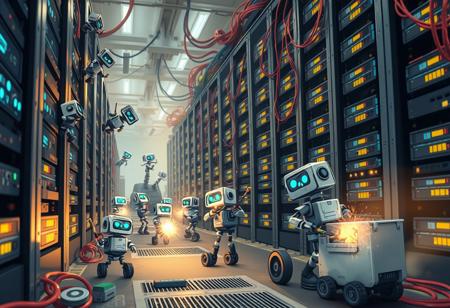 A whimsical scene of a data center in chaos. Tiny, adorable robots climb server racks with tools and roll on wheels carrying parts and cables. Sparks fly from overheated servers as the robots work under the soft glow of blinking server lights and colorful cables. Larger robots oversee the smaller ones, coordinating their efforts.