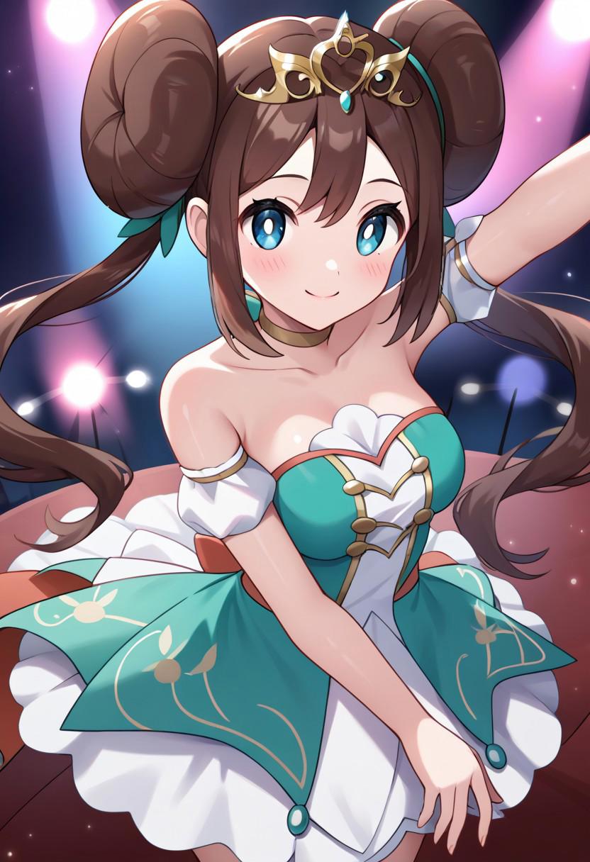 score_9, score_8_up, score_7_up, score_6_up, score_5_up, score_4_up, source_anime, aarosa, long hair, brown hair, double bun, twintails, tiara, blue eyes, choker, bare shoulders, white dress, green dress, detached sleeves, medium breasts, shiny skin, blush, smile, closed mouth, expressive, dancing, stage, neon light, perfect anatomy