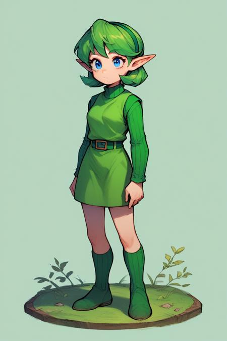 ootsariapdxl green hair, short hair, blue eyes, pointy ears,  green hairband, green sweater, ribbed sweater, green tunic, belt, green boots