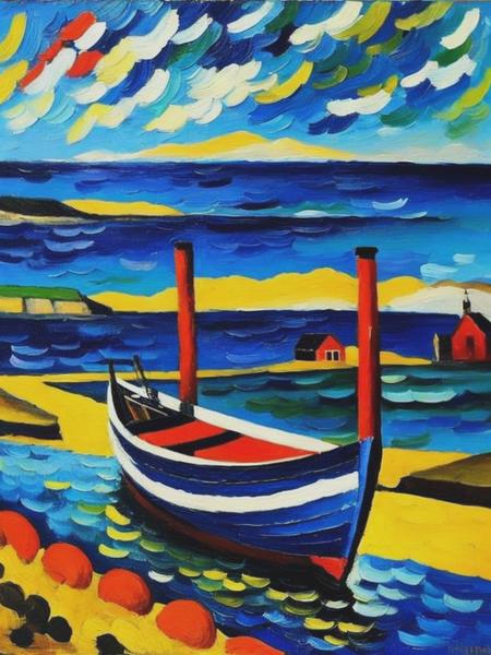 <lyco:MauricedeVlaminck:1.0> fauvisme style art, oil painting, a fisher boat tied to a jetty, by maurice de vlaminck,