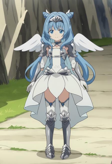 Sylphy,  1girl, blue eyes, blue hair,  long hair, wings,double bun,   hair bun, solo