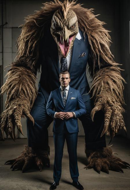 raw photo featuring a man in a suit next to an enormous monster, in the style of fashion photography, avian-themed, elegant, emotive faces, national geographic photo, furry art, photo taken with nikon d750, twisted characters