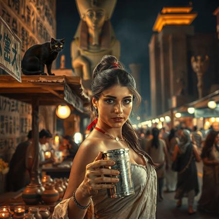 Setting is ancient Egyptian street market at night, ((all writing is in egyptian hieroglyphs)), ((all lighting is by candles, and flame torches,  the market is comprised of street vendors selling food, weapons, and clothing. People wearing Ancient Egyptian clothing are walking through the street market shopping and eating, A sleek black cat (Bastet) with red collar sits on a nearby wooden roof at a market kiosk. Behind the a kiosk counter are clay containers of egyptian beer, (((a beautiful woman, 24 years old, is standing in the foreground facing the viewer with a metal goblet of beer in her hand. Her eyes are beautiful and focused on the viewer, she has an expression of interested curiosity))), the woman is dressed in Ancient Egyptian style clothing combining a sexy and classic Ancient Egyptian aesthetic. Enormous Ancient Egyptian statues are visible in the background and smaller statues and Ancient Egyptian architecture is prevalent in the market, The woman's hair is elegantly tied up with a ribbon. Artistic Ancient Egyptian aesthetic, dynamic perspective, (((overall architectural aesthetic is Ancient Egyptian))).  Epic image that elicits a feeling of wonder and awe,