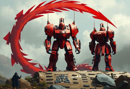 Create a highly detailed, hyper-realistic painting of a full-body red mech standing on a Dragon Treasure, with a man walking in the background. The mech should be designed with correct proportions and have a Spartan aesthetic. Incorporate a curved red arrow and a flat, Raku-inspired painting effect. The style should be reminiscent of Cam Sykes and Kentaro Miura. The image should be in 8K high resolution, with sharp focus and micro-details. The overall mood should be dramatic and surreal. Include front and back views of the mech. The art piece should be of high quality, trending on Artstation, and suitable for a beginner artist.