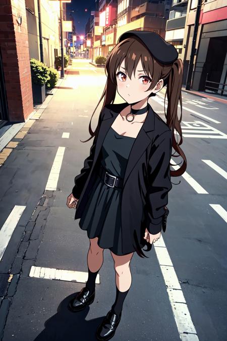 Otsuki Yoyoko, twintails beret, choker, black jacket, open jacket, black dress, long sleeves, belt, socks, black footwear