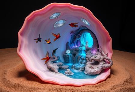 colorful birds fly within a huge delicate semi-translucent pink nautilus shell lying in the sand with it's opening facing toward the viewer reveals a mystical cavern within adorned with brightly glowing stalactites and stalagmites, with a deep blue river and waterfall cascading out of the shell,
intricate organic sculptures, dark and surreal illustrations, surreal and fantastical world, nature-inspired sculptures, eerie and otherworldly elements, delicate balance between beauty and darkness, intricacy and surrealism, mesmerizing realm, organic meets macabre, harmonious and haunting display, intricate storytelling, surreal aesthetic, dark beauty, fantastical creatures, nature-inspired details, macabre atmosphere, whimsical and eerie blend.