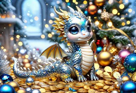 blue shards ral-smoldragons siting next to a pile of (gold coins) (silver coins) (colorful crystal gems), under a Christmas tree, highly detailed clean, beautiful detailed intricate, 8K,