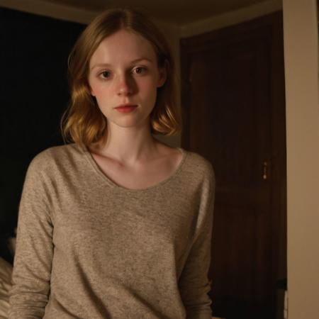 photograph taken in a dark bedroom lit by camera flash and faint light from the window. Sweet fiance of irish descent age 30 with pale skin, light brown hair, petite and short, wide hips but tiny throat and delicate collarbone, tiny upturned breasts