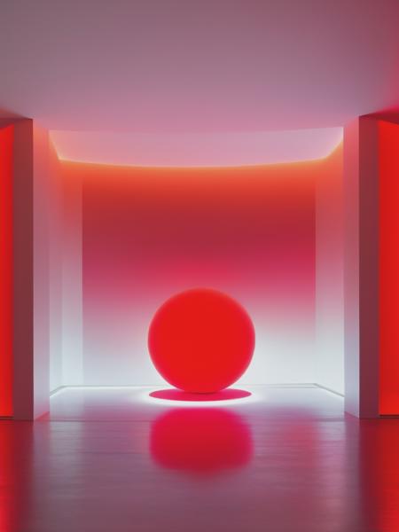 <lyco:JamesTurrell:1.0> a minimalist environment maily white, big red sphere in the center, bright and red shapes and elements made of red glass, red neon accents, in the style of James Turrell