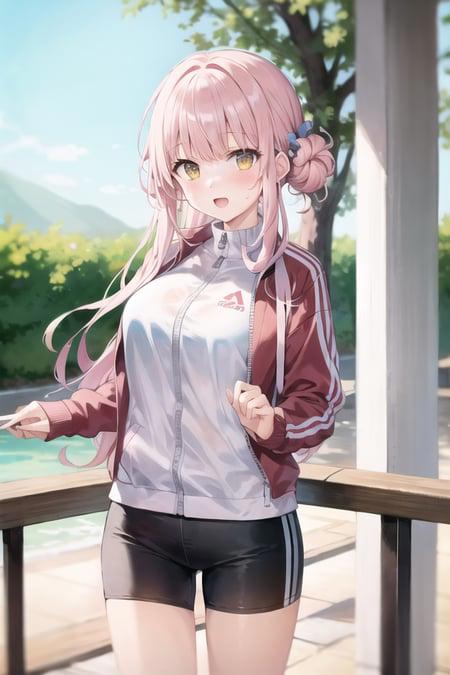 <lora:misonomika:1>best illustration,2D, BREAK
misonomika, thst, 1girl, solo, 16yo, (halo:1.2),(track jacket, black shorts, short shorts:1.2),(double bun), pink hair, large breasts,yellow eyes, long hair, hair ornament, blue bow, bangs,open mouth, sweat
, BREAK
outdoors