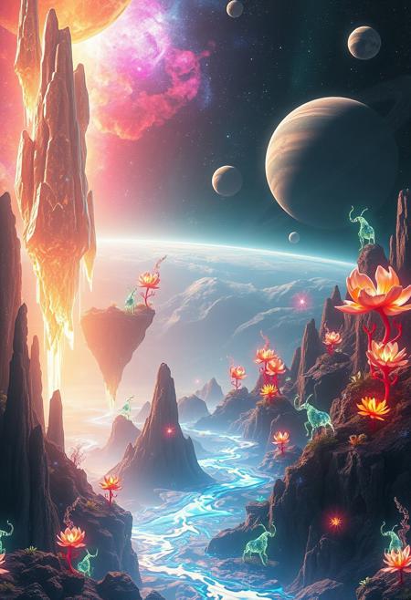 In a stunning celestial tableau, a distant planet's landscape unfolds: towering, iridescent flora illuminates against a backdrop of floating islands suspended within a radiant nebula. Crystalline formations and glowing, extraterrestrial plants mingle amidst rivers of shimmering liquid light, casting an ethereal glow across the terrain. In the distance, luminescent creatures blend seamlessly with the fantastical environment, as multiple moons and a giant, ringed planet dot the horizon, further elevating the surreal beauty of this alien world.