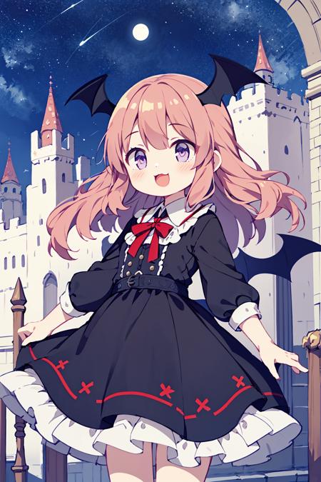 1girl, solo, koakuma, purple curly hair, frilled dress, ash pink slant eyes, night sky, :3, :D, castle town