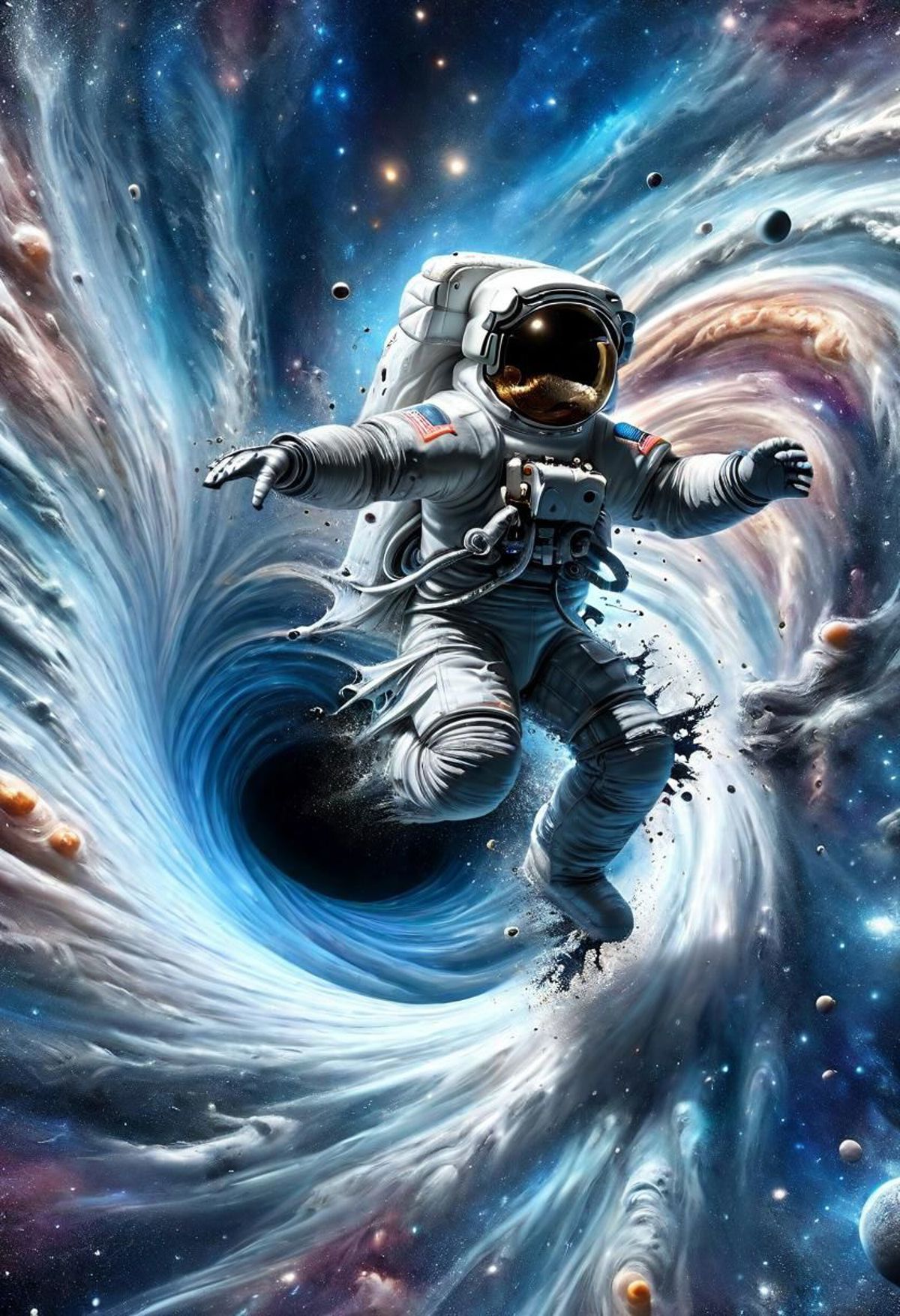 Astronaut in Space Suit in an Artistic Rendering of a Black Hole