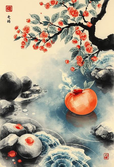The peach flows backwards down a great river and floats on its surface.
Japanese art style, Japanese ink painting, 
best quality, sharp focus, high contrast, colorful, ultra quality, 8k, best quality,