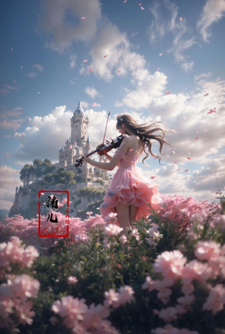 (A girl in a dress is in the air:1.3), playing a violin, (wide shot, wide-angle lens,Panoramic:1.2),super vista, super wide AngleLow Angle shooting, super wide lens, Castle background(back:1.4),
violinbare shoulderspetalspink dressfrom belowblurry foreground 
(full body:1.5),(long legs:1.3), 
<lora:~Q?-\ct4 violin:0.8>