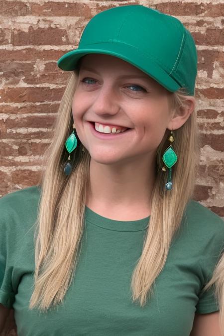 masterpiece, best quality, 1girl, aqua eyes, baseball cap, blonde hair, closed mouth, earrings, green background, hat, hoop earrings, jewelry, looking at viewer, shirt, short hair, simple background, solo, upper body, yellow shirt