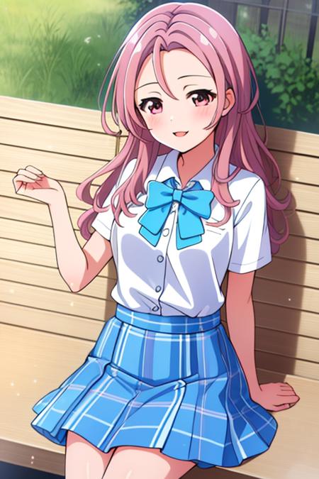 masterpiece, best quality, 1girl, solo, serizawarenge, pink hair, long hair, pink eyes, bangs, white shirt, short sleeves, blue bowtie, pleated skirt, plaid skirt, green skirt, school uniform, smile.