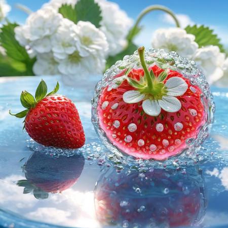 A beautiful pink red strawberry in 3D lies in a beautiful round glass in the transparent clear water, many iridescent air bubbles stick to the strawberry that glows from the inside, next to it lie delicate white and pink strawberry flowers with dew drops on a white antique wooden table, morning dew on the glass, in the background there is a bright blue sky with fluffy white clouds, professional photography, trending on artstation, breathtaking beauty, sharp focus, highly detailed