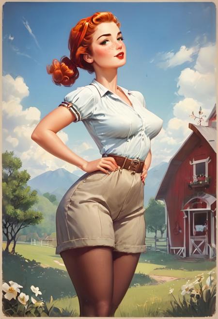 Masterpiece, best quality, hi score_9, score_8_up, score_7_up,frush, pinup_style,  ww2 poster, propaganda poster, vintage40sxl, 40s, vintage illustration,, deuzaxl, score_9, score_8_up, score_7_up,score_6_up, masterpiece, high quality, single 28 year old girl, gorgeous,cute,freckles, medium round breasts, thick body, hourglass body shape , "A" body shape, short wavy ginger hair, ponytail, red-hairtie, green eyes, dressed with (farmer outfit), sexy pose, outdoor, farm on back, (best quality), (colorful), (detailed), ultra quality, 32K, cinematic lighting, volumetric lighting, pinup