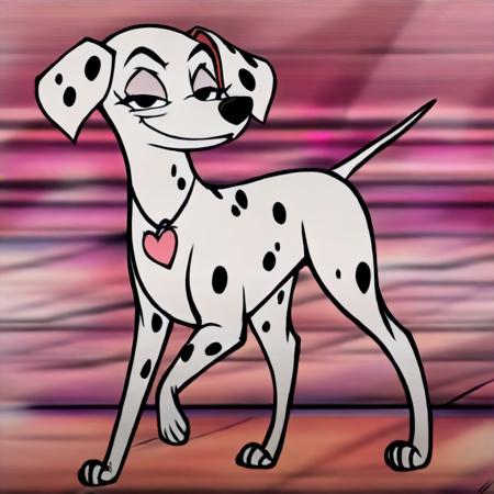 Perdita, 101 Dalmatians, Dog, Female dog, Cartoon, Disney, female, (((eyelashes))), girly, (((wearing pink heart necklace))), full body, solo, looking at viewer, open eyes, open mouth, happy, smiling, (((dancing))), posing, solo, (((flirty))), (((((((smug)))))), (((quadruped))), (((feral)))