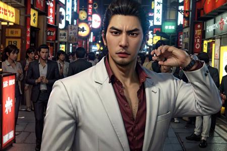 1boy, solo, kazuma kiryu, ryu ga gotoku, yakuza, black hair, brown eyes, short hair, spiked hair, thick eyebrows, facial hair, goatee, beard, white suit, collared shirt, chest hair, wristwatch, shoes, mature male, manly, muscular, upper body, close up, looking to viewer, in the streets of Kabukicho, (realistic:1.5), cinematic color, (masterpiece, best quality:1.5), extremely detailed, high resolution, 8k uhd unity wallpaper, <lora:Kazuma Kiryu:0.7>