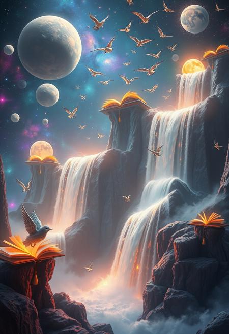 A surreal image of waterfalls cascading from floating books in space, with pages turning into flocks of birds. Fantasy creatures soar around, weaving between the waterfalls and glowing planets. The scene is bathed in ethereal light, with vibrant colors and an otherworldly atmosphere.