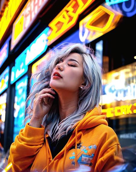 <lora:nhsheying-000009:0.8>,nhsheying,1girl,solo,hood,orange hoodie,closed eyes,blurry,Raise one hand,White hair,long hair,face upward,upper body,signboard,close-up,