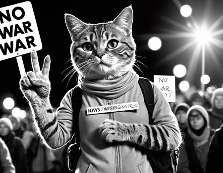 line art drawing cinematic film still a activist cat rally, protesting against war, making a peace sign, holding a sign text:("No War") ,paws , shallow depth of field, vignette, highly detailed, high budget, bokeh, cinemascope, moody, epic, gorgeous, film grain, grainy, high quality photography, 3 point lighting, flash with softbox, 4k, Canon EOS R3, hdr, smooth, sharp focus, high resolution, award winning photo, 80mm, f2.8, bokeh . professional, sleek, modern, minimalist, graphic, line art, vector graphics
