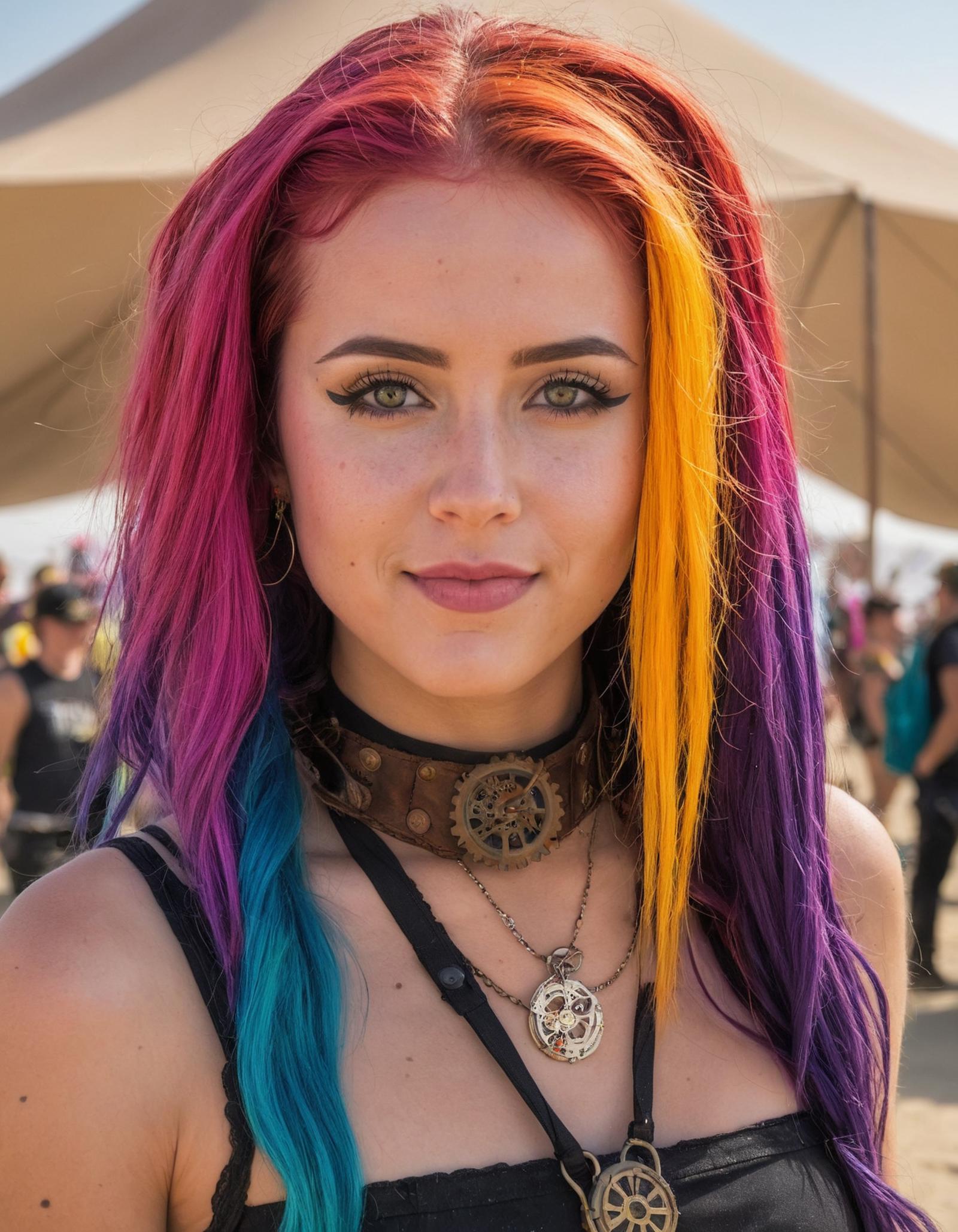 A woman with a colorful hairstyle wearing a black shirt and a necklace.