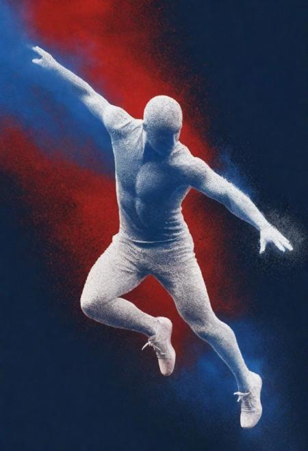 dust floating in the air transforming into a white hollow male silhouette resembling different olympic sports, use only colors blue & white & red, (amount of particles: 1.35), iconic, glossy unicolor background, abstract, impressionistic, aesthetics, highest quality, ((highest resolution))