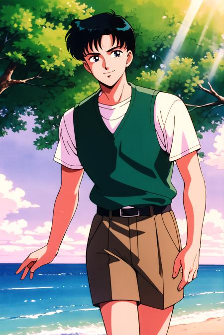 masterpiece,best quality,highres,<lora:Chiba Mamoru:0.7>,Chiba Mamoru,1boy,black hair,blue,solo,retro artstyle,short hair,1990s \(style\),looking at viewer,ocean,tree,smile,shorts,vest,walking,sunlight,