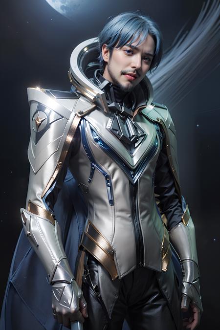 <lora:florentino_interstellar_council:0.0.5>, florentino_interstellar_council, looking at viewer, bangs, blue eyes, 1boy, closed mouth, blue hair, short hair, standing, male focus, cowboy shot, armor, shoulder armor, coat, ((facial hair)), gauntlets, (beard:1.2), mustache, long sleeves, jacket, weapon, boots, shiny, pants, black pants, cape, holding weapon, sword, white footwear, knee boots, sky, cloud, water, ocean, moon, star (sky), scenery, starry sky, horizon, space, planet, shooting star, space, planet, interstellar