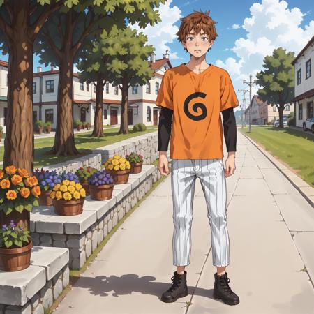 kazuyakinoshita,1boy,brown hair,short hair,blue eyes, t-shirt,orange shirt,short over long sleeves,black sleeves, pinstripe pants, realistic,